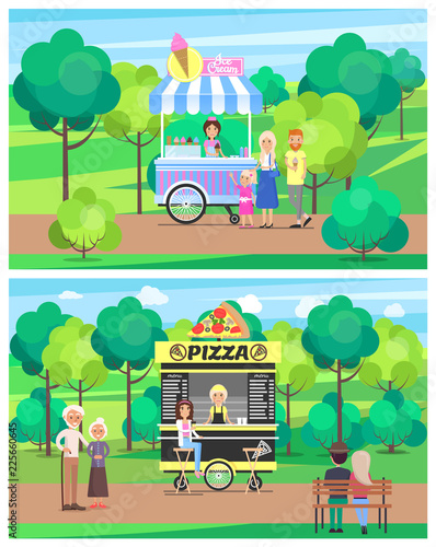 Ice Cream and Pizza Wagons Vector Illustration