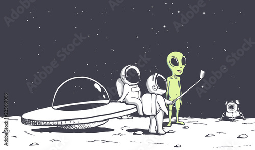 group of astronauts photographs himself with an alien .Space friends.Vector illustration