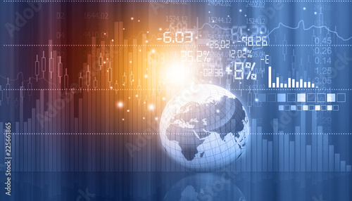 Stock market graphs and charts with globe. 3d illustration .