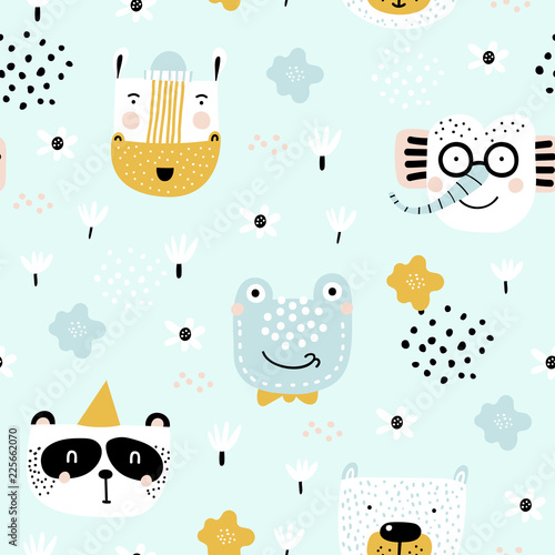 Childish seamless pattern with hand drawn animals. Trendy scandinavian vector background. Vector texture in childish style great for fabric and textile, wallpapers, backgrounds.