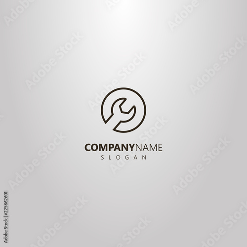 black and white simple vector isolated logo of line art wrench in a round frame