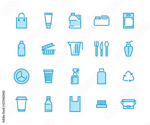 Plastic packaging, disposable tableware line icons. Product packs, container, bottle, canister, plates cutlery. Container thin signs, waste recycling. Pixel perfect 48x48