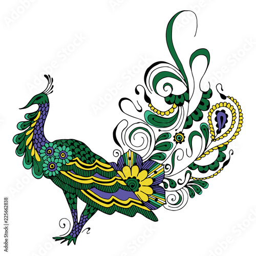 Peacock in the style of mehndi on a white background.