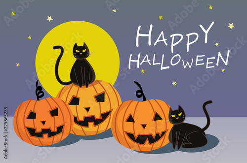 Halloween Pumpkin with black cat cartoon character design for card banner background.