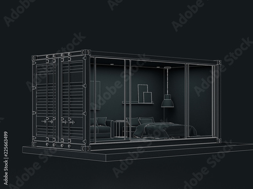 3D wireframe render of Container house exterior.