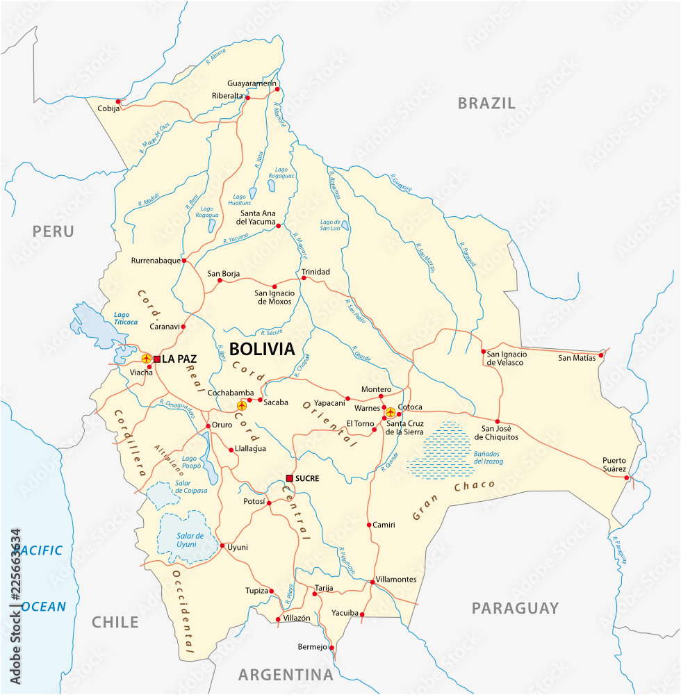 bolivia vector map with major cities and roads