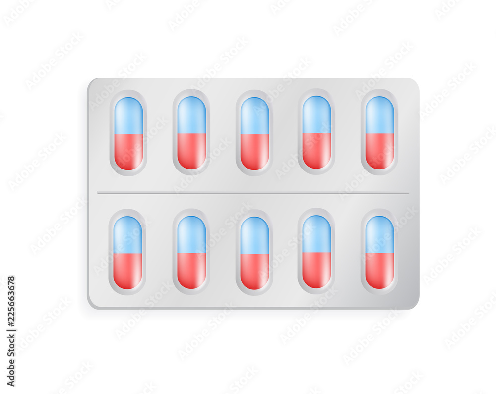 Pack Blue and Red Capsules for Medical Treatment