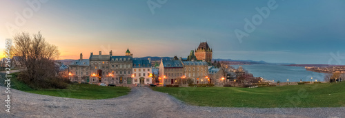 Panoramic view of Old Quebec city, Chateau Frontenac and St-Denis street at dusk, Quebec city, Canada