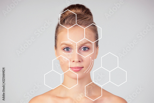 Tableau sur toile Blonde female model beauty young woman with healthy skin and beautiful hairstyle portrait isolated on white honey lifting, tightening of facial skin facelift