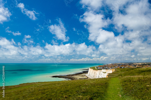 Peacehaven, Sussex UK from Newhaven heights at low tide on a sunny summer day