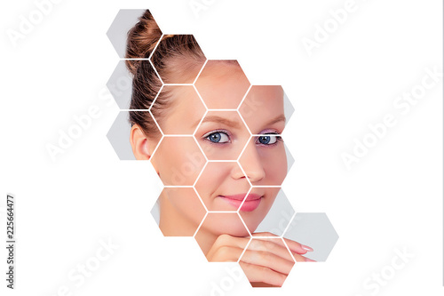 Fotografi Blonde female model beauty young woman with healthy skin and beautiful hairstyle portrait isolated on white honey lifting, tightening of facial skin facelift