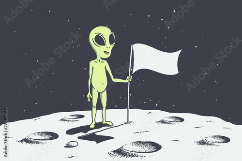 alien with flag stands on moon.Hand drawn vector illustration