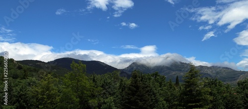 Montaña nublada con cielo azul y bosque verde.