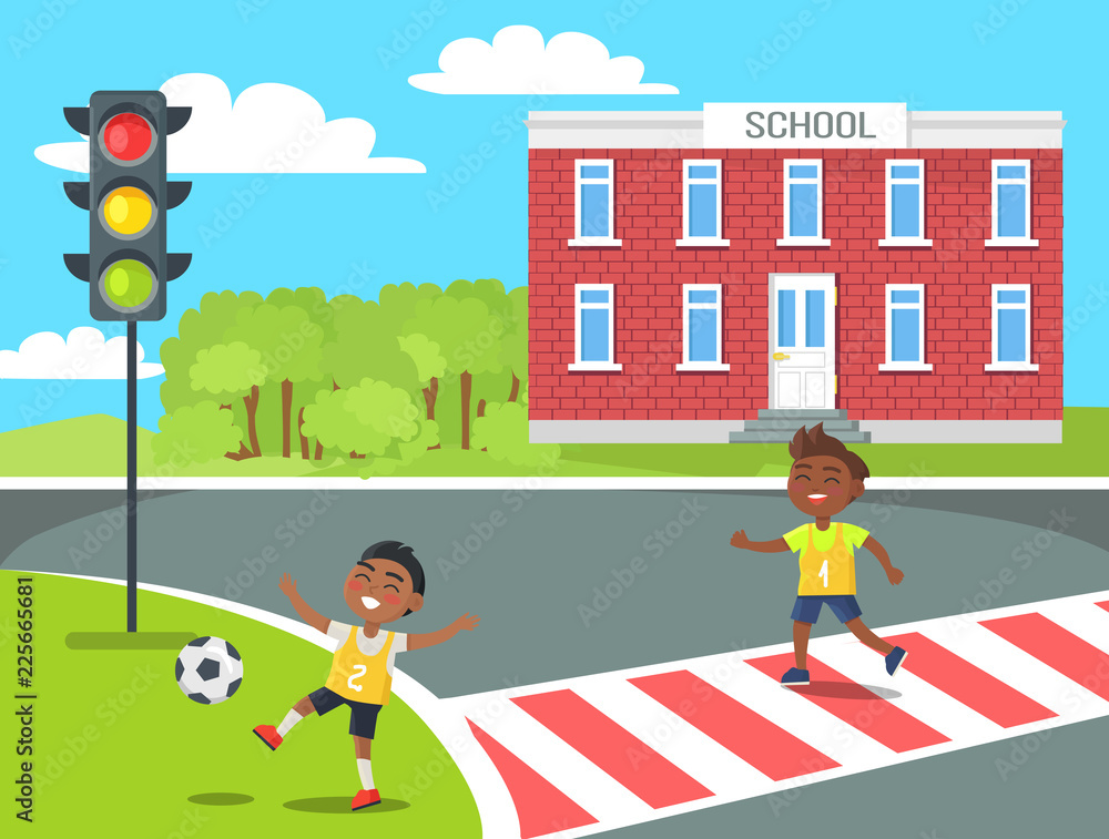 Fototapeta premium Banner of Kids Near School in Cartoon Style Vector