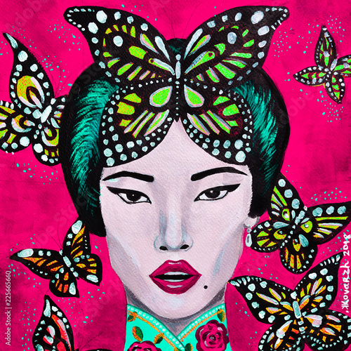 dipinto bella donna orientale con farfalle