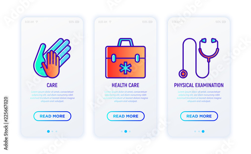 HIV and AIDs thin line icons set: child hand in adult's hand, health care, physical examination. Vector illustration.