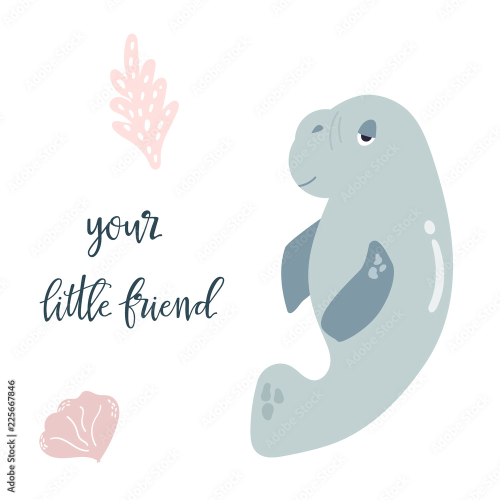 Obraz premium Baby print with cute sea-cow. Hand drawn graphic