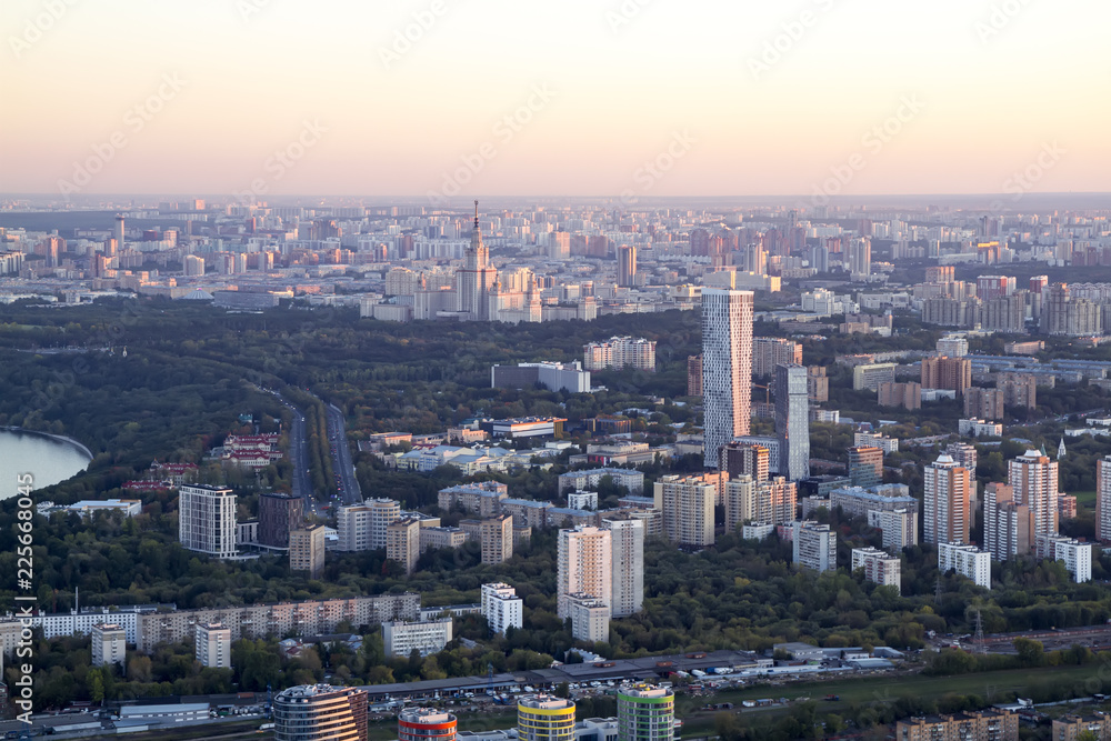 Capital of Russia. Evening panorama of Moscow from a height.