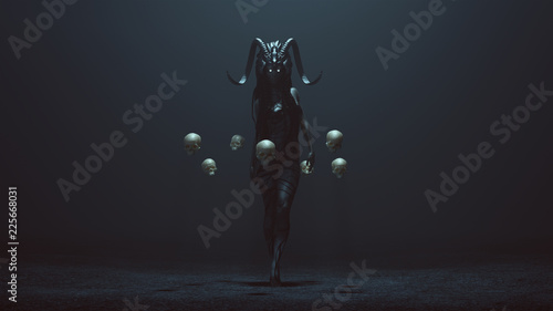 Evil Witch with a Head Dress in a foggy void with Floating Skulls 3d Illustration 3d render photo