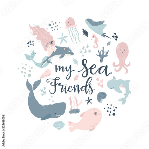 Handdrawn conceptual illustration of sea animals.
