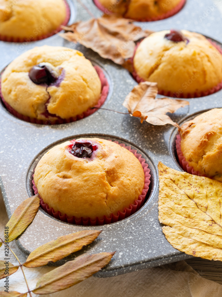 Homemade muffins in baking tin.
