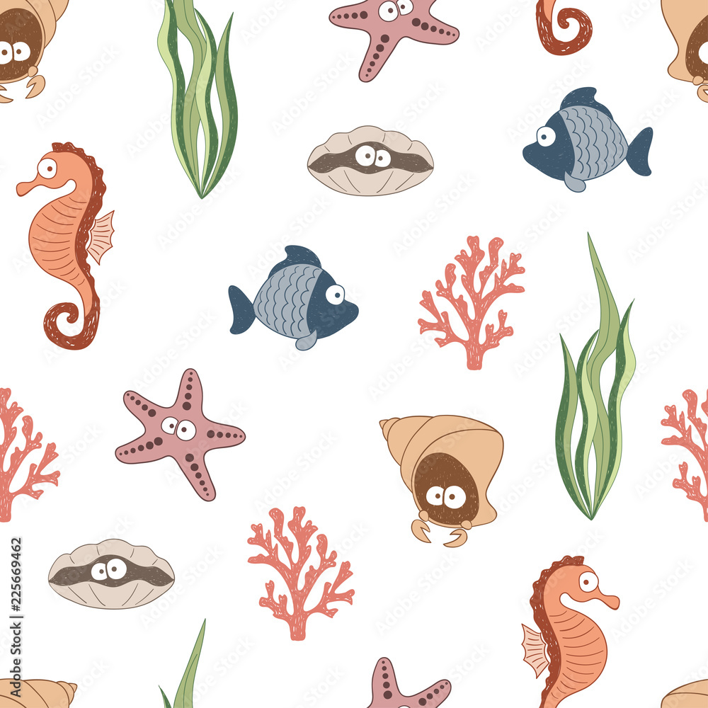 Obraz premium Cute sea animals seamless pattern. Children drawings, underwater life. Vector.