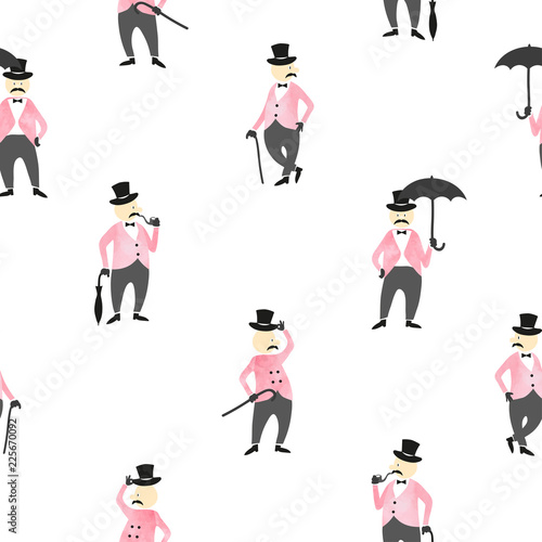 Seamless pattern with victorian gentlemen. Vector background with characters.