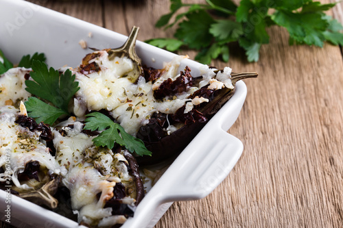 Stuffed eggplants with sun dried tomatoes and mozzarella cheese