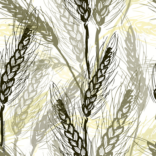 Ink hand drawn wheat seamless pattern on white background