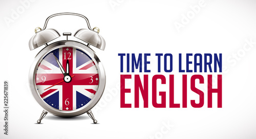 Fotografie, Obraz Alarm clock with british flag on clock face - learning concept