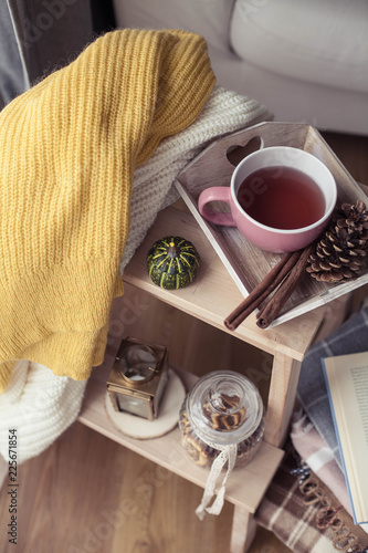 Knitted, warm sweaters, a cup of hot tea, autumn decor, a book, a pumpkin on a wooden chair. Cozy, autumn decor. Autumn interior, sofa. Autumn. Winter.
