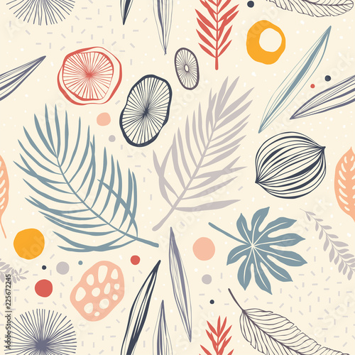 Seamless tropical pattern with tropical plants and palm leaves.