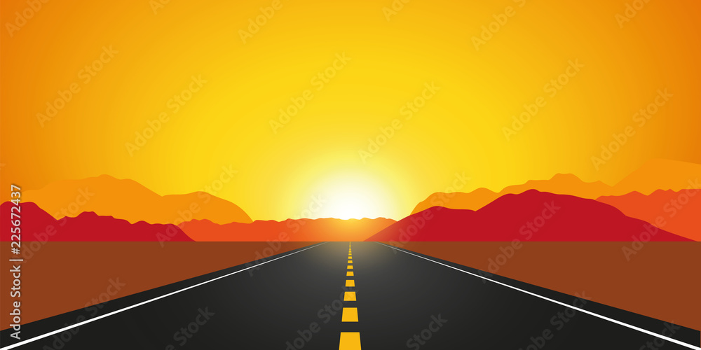 Obraz premium straight asphalt road in autumn at sunrise mountain landscape