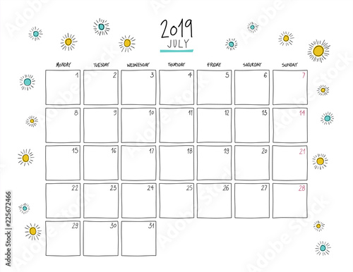 July 2019 wall calendar. Doodle style.