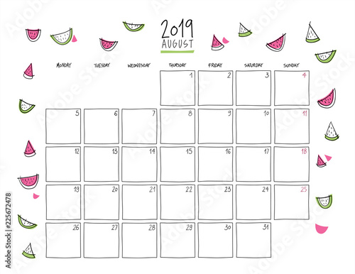August 2019 wall calendar. Doodle style.