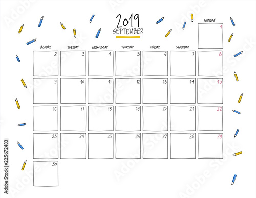 September 2019 wall calendar. Doodle style.