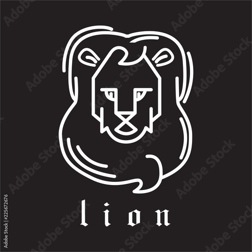 Fototapeta Naklejka Na Ścianę i Meble -  White flat simple icon line art style with black background. Symbol with a stylized image of the head of a wild animal Lion, lion. Barcode vector logo mono linear illustration web graphic.