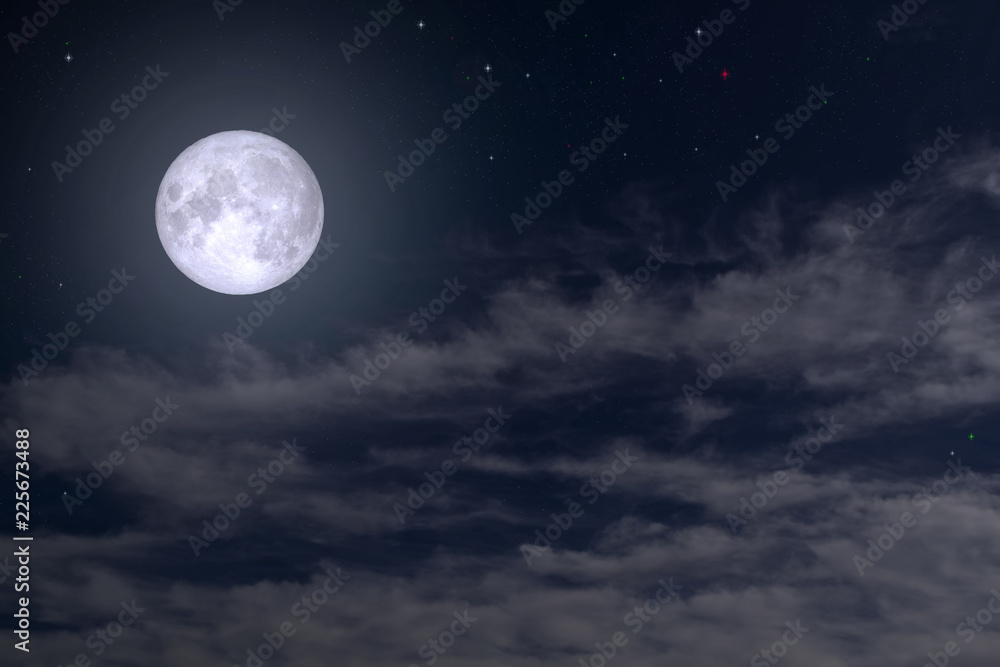 The full moon between the clouds in the night sky