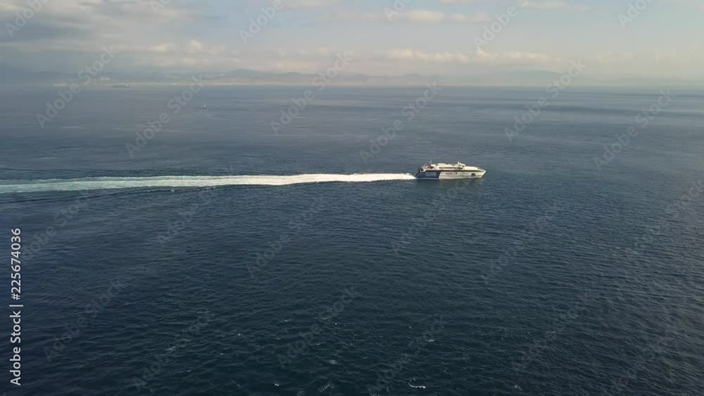 Aerial view of Ferry from Tarifa Cadiz Spain route to Africa Tanger holiday touristic destination and transport Aerial view of Ferry from Tarifa Cadiz Spain route to Africa Tanger holiday touristic destination and transport