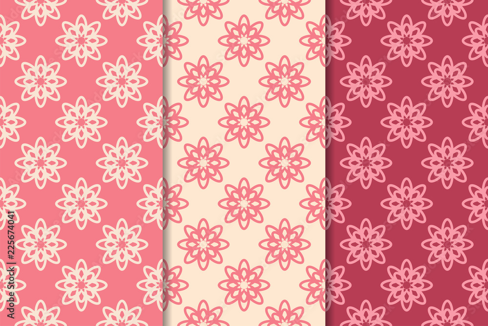 Set of red floral ornaments. Cherry pink vertical seamless patterns Set of red floral ornaments. Cherry pink vertical seamless patterns
