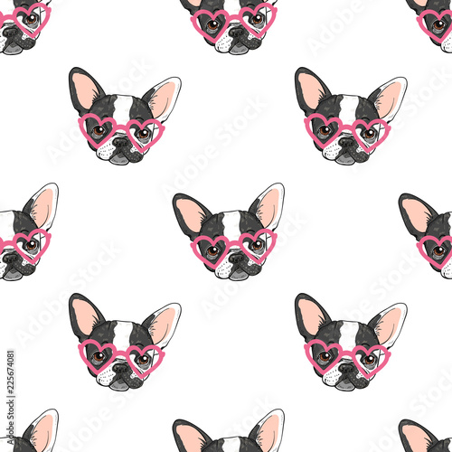 seamless vector pattern with funny french bulldog in glasses on a white background
