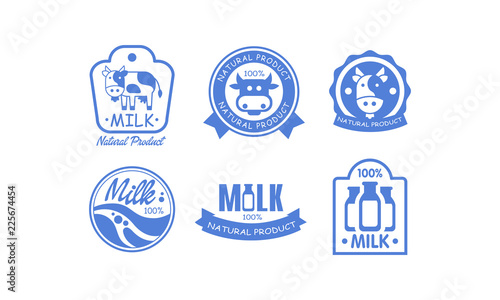 Milk products logos set, fresh dairy natural food label, emblem design in blue colors vector Illustration on a white background