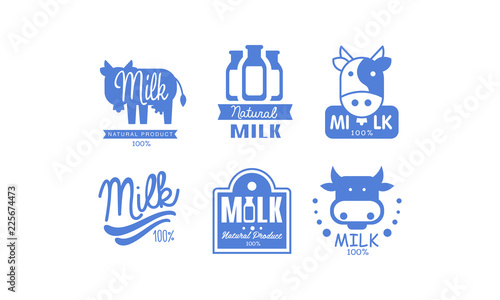 Milk natural products logos set, 100 percent fresh dairy natural food label, emblem design vector Illustration on a white background