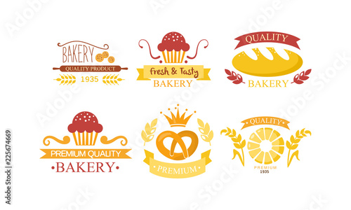 Bakery logo set, bakehouse retro emblem design, fresh quality bakery products and pastries vector Illustration on a white background