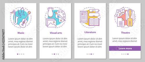 Types of art onboarding mobile app page screen with linear conce
