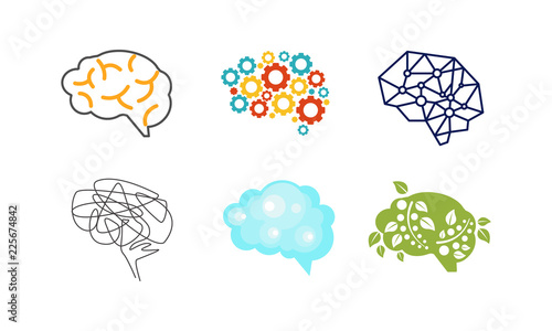 Human brain set, thinking or mind bright sign, creative idea symbols vector Illustration on a white background