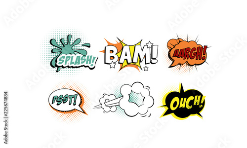Bright comic speech bubbles set, text sound effects vector Illustration on a white background photo