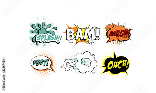 Bright comic speech bubbles set, text sound effects vector Illustration on a white background