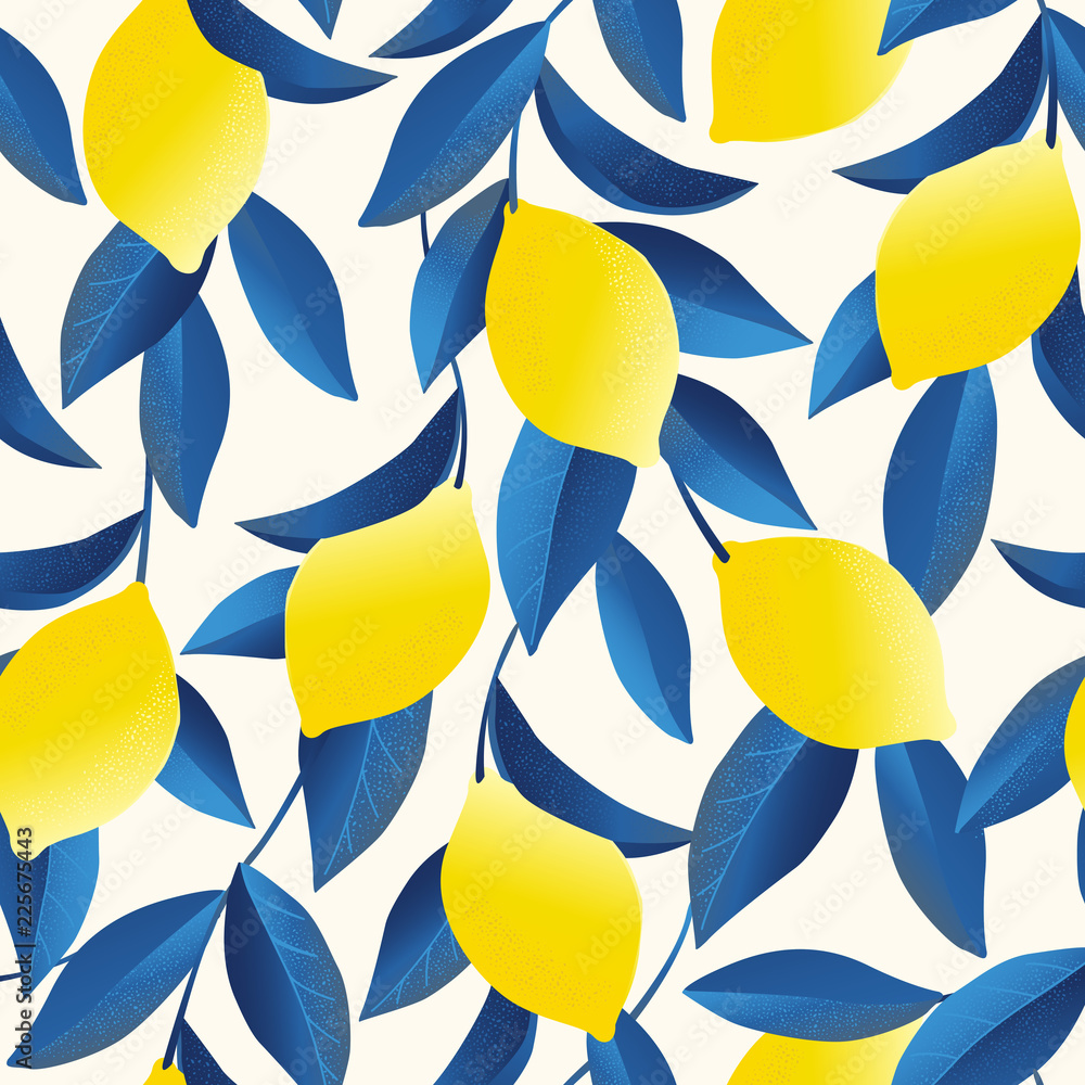 Tropical seamless pattern with yellow lemons. Fruit repeated background ...