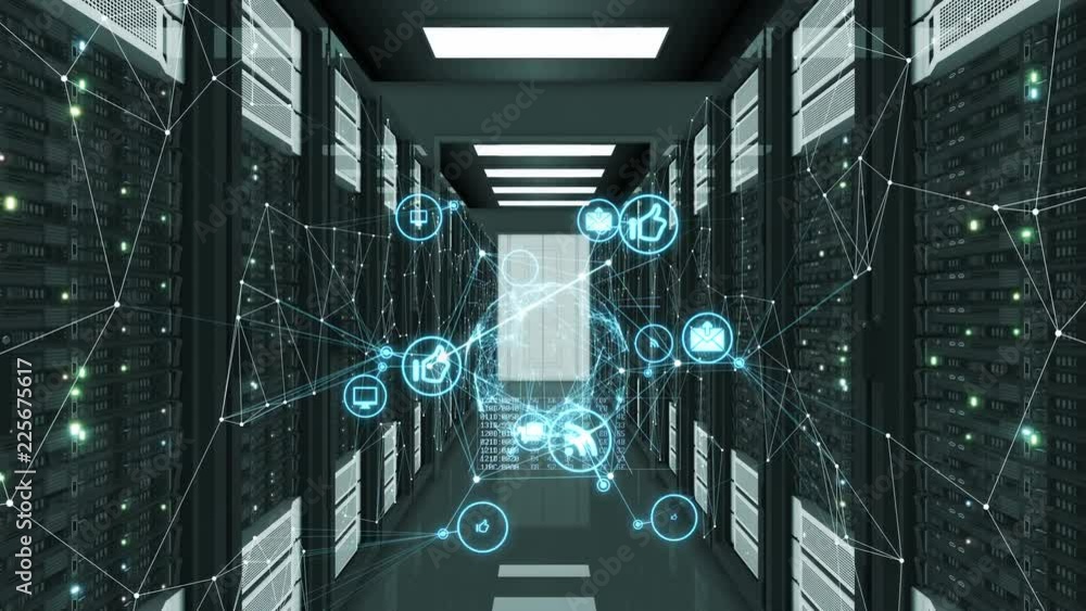 Abstract Blue Media Icons with Network Connections Flying in Server ...